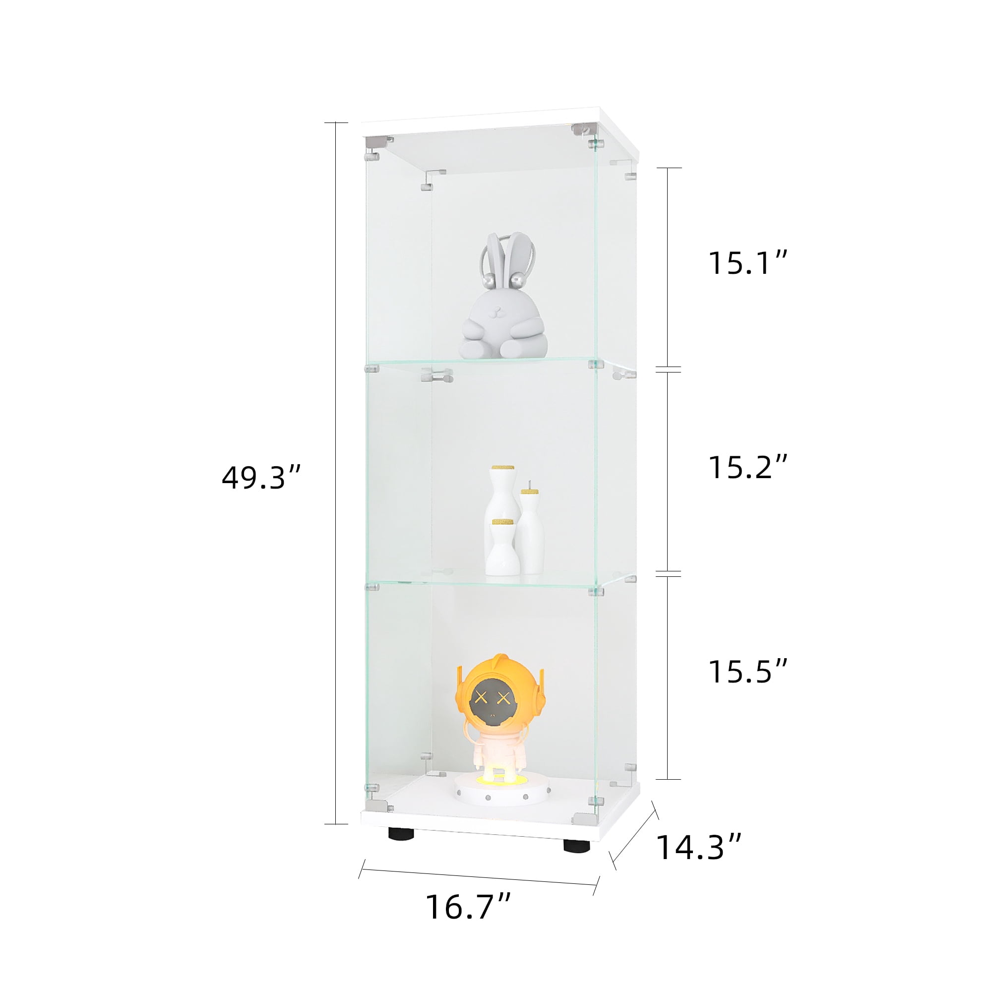 MAYEERTY Glass Display Cabinet with 3 Shelves, Glass Frame Bookshelf Glass Bookshelf, White, 49.3"×16.7"×14.3"