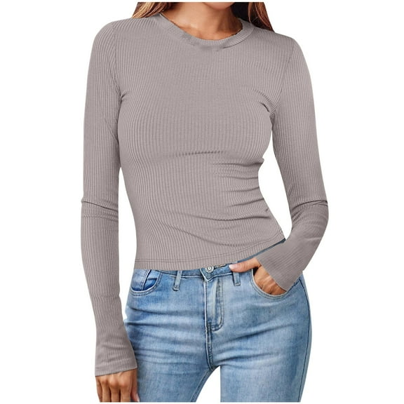 Ctreela Women's Long Sleeve Round Neck Shirts Casual Slim Fit Rib Knit Tops Summer Fall Basic Solid Color Tee Blouse