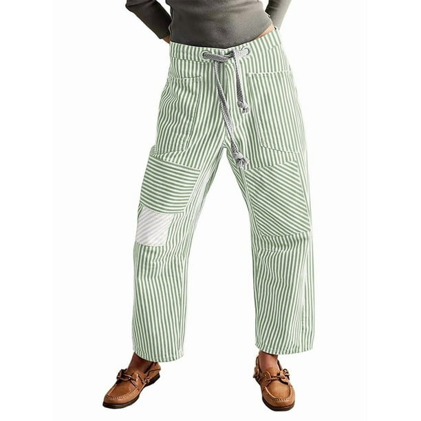 Jeans para Mujer Y2k con Rayas, Cordón Ajustable, Cintura Alta, Rectos, Pierna , Estilo Boyfriend, Pantalones Vaqueros Mom. Verde S