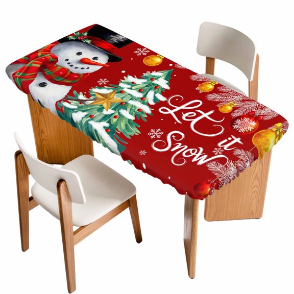 Red Snowman Christmas Table Cloths for 5 Foot Rectangle Tables, Xmas Tree Ball Snowflake Winter Patio Waterproof Elastic Fitted Tablecloths, Washable Rectangular Table Cover for Camping