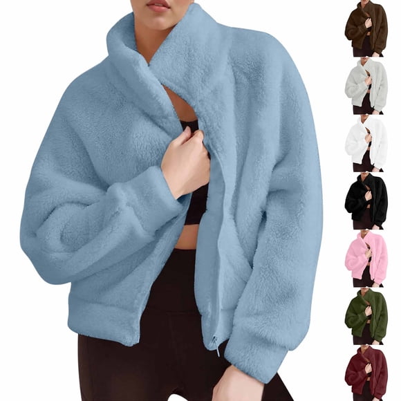 Nfurl Womens Sherpa Fleece Jackets Comfy Stand Collar Zip Up Jacket Casual Long Sleeve Solid Color Outerwear Fall Winter Fashion Coats Black L