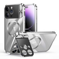 ELEHOLD Rugged Case for iPhone 14 Pro Metal Aluminium Alloy Frame Case with Full Camera Cover Stand Clear PC Back Compatible with Magsafe Military Grade Shockproof Magnetic Case,silver