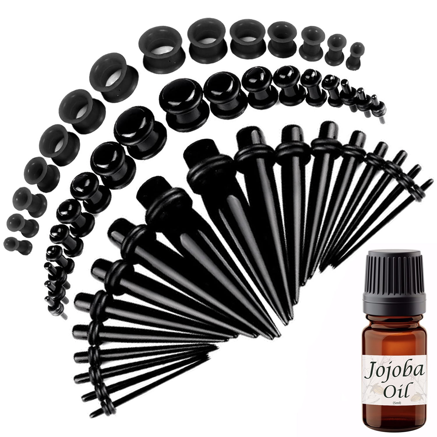 BodyJ4You BodyJ4You 50PC Gauges Kit Ear Stretch Aftercare Jojoba Oil Wax 14G12MM Black Tunnel