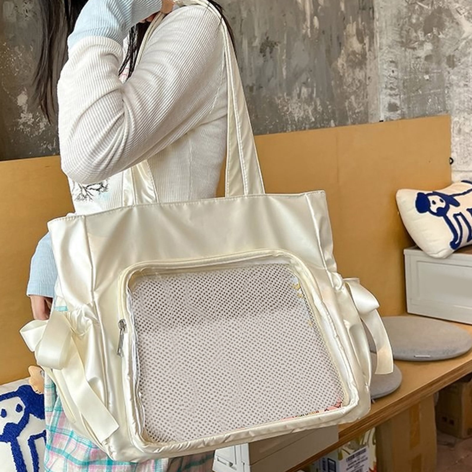 Unique Nylon Itabag with Clear Window Pin Display Bags Versatile Shoulder Purse Casual Handbag for Daily Use and Cosplay