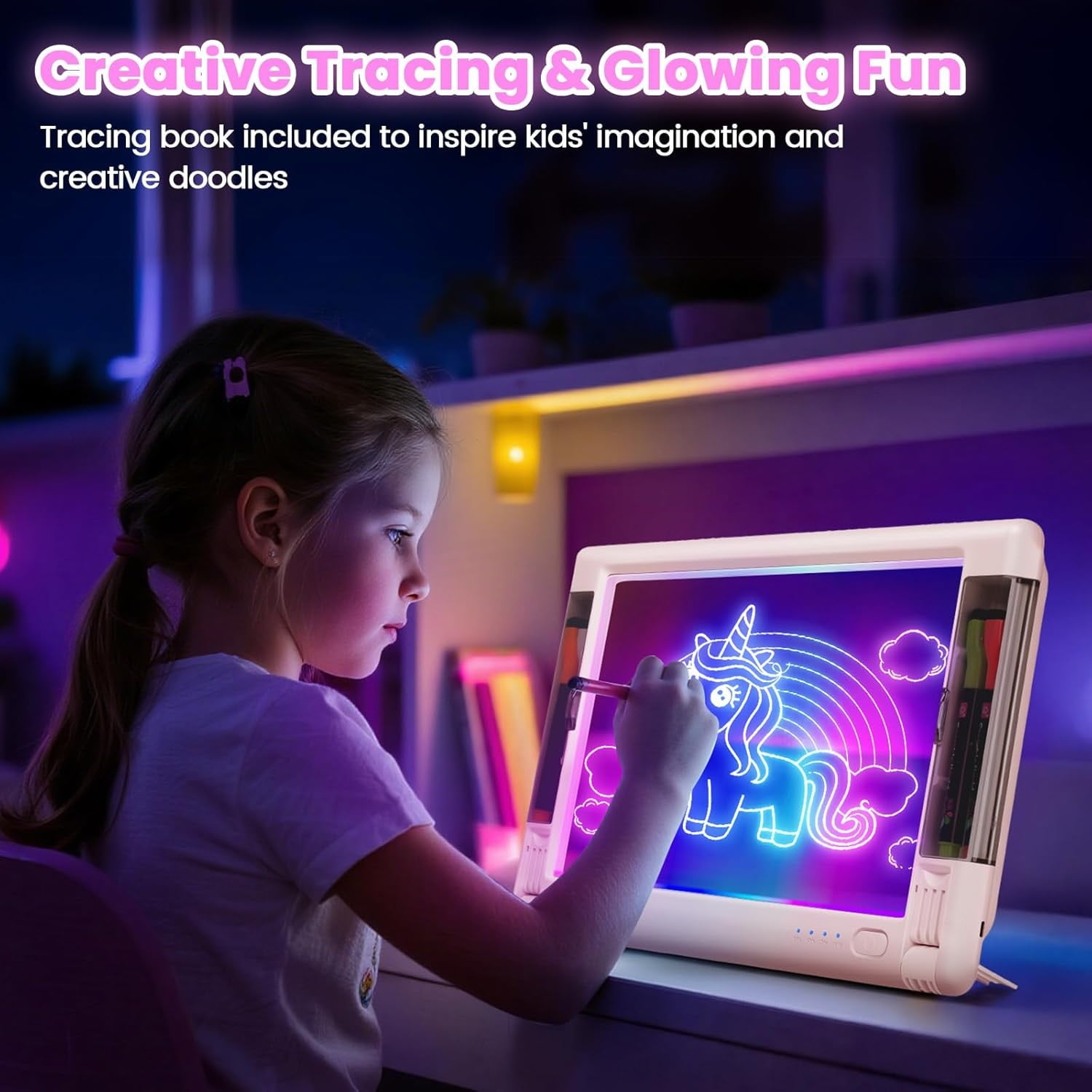 UKEXE 15 Inch Rechargeable LED Drawing Board - 9 Neon Light Modes, Portable Glow Art Tablet with Tracing Sheets, Creative Gift for Kids & Teens (Pink)