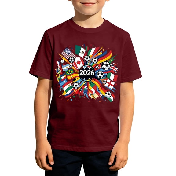 Boys' 2026 Soccer T-Shirt, Kids' International Flags Football Graphic Tee, Casual Short Sleeve Top