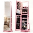 thumbnail image 1 of Costway 360° Swivel Jewelry Cabinet with LED Lights, Full-Length Mirror & Makeup Mirror Pink, 1 of 10