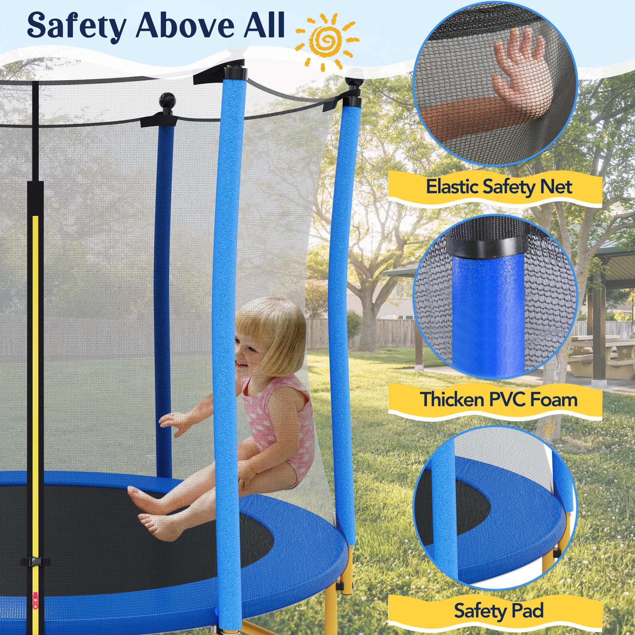 Noble House 5.5 FT Kids Trampoline with Safety Enclosure Net, Indoor Outdoor Trampoline, U-Shape Stable Legs, Blue