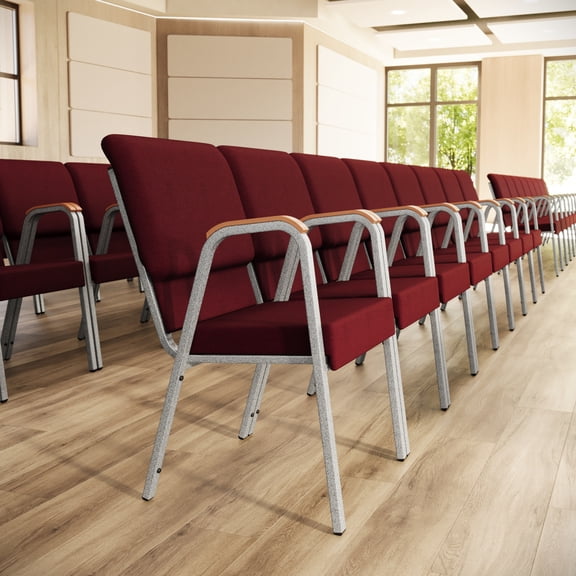 Flash Furniture HERCULES Series 21"W Stacking Wood Accent Arm Church Chair in Burgundy Fabric - Silver Vein Frame