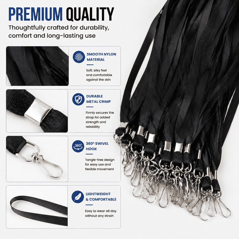 50-Pack Black Neck Lanyards With Clip & Swivel Hooks – Bulk ID Badge Holders, 15.7” Length