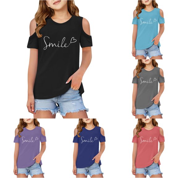 Toddler Girls Short Sleeve T Shirts off Shoulder Crewneck Letter Printed Basic Tops Size 4-5T ,Black
