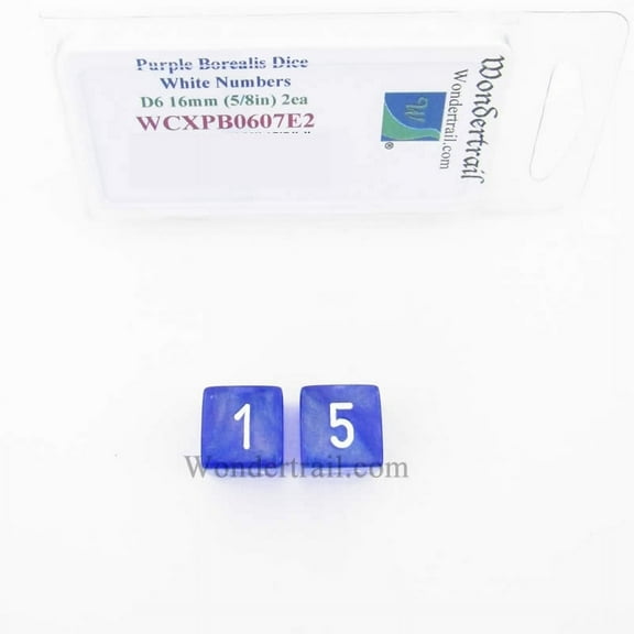 Purple Borealis Dice with White Numbers D6 Aprox 16mm (5/8in) Pack of 2 Wondertrail