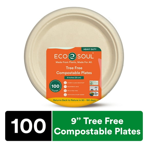 ECO SOUL 9 Inch Round [100-Pack] Tree Free Compostable Plates I PFAS free, Heavy-Duty Eco-Friendly Dinner Plates I Biodegradable Sugarcane Eco Plates | Microwavable