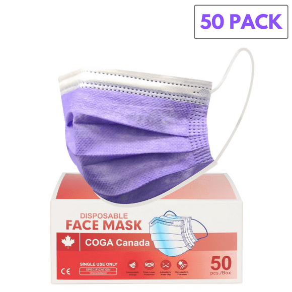 COGA Canada - Violet Pack de 50 Masques Jetables 3 Épaisseurs Non Médicaux Non Chirurgicaux
