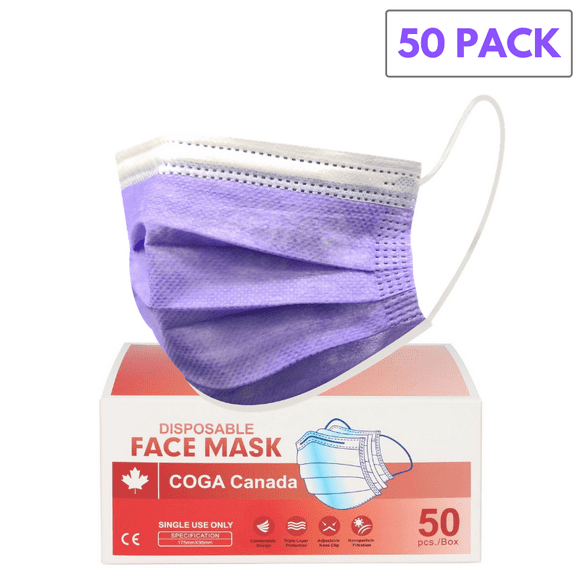 COGA Canada - PURPLE 50 Pack 3ply Disposable Face Mask Non Medical Non Surgical