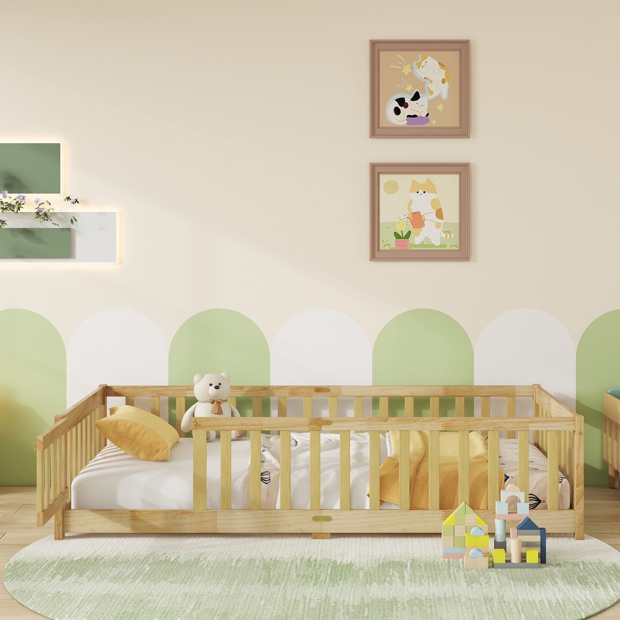 Alvantor Twin Size Floor Bed for Toddler, Solid Wood Floor Bed with Door and Fence Guardrail, Montessori Floor Bed for Boys, Girls,Natural
