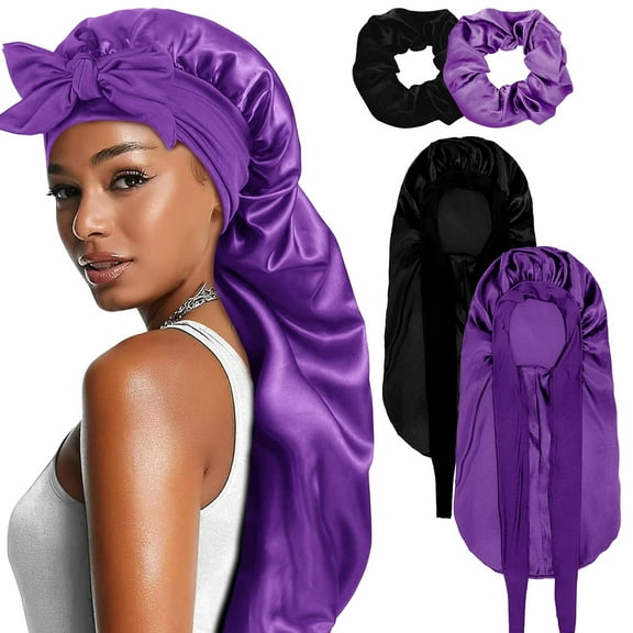 Amaopus 2PCS Long Satin Bonnet for Women, Double Layer Elastic Hair Bonnet with 2 Scrunchies & Adjustable Tie Band, Long Satin Bonnet for Sleeping Women Braids Curly Hair (Purplr, Black)