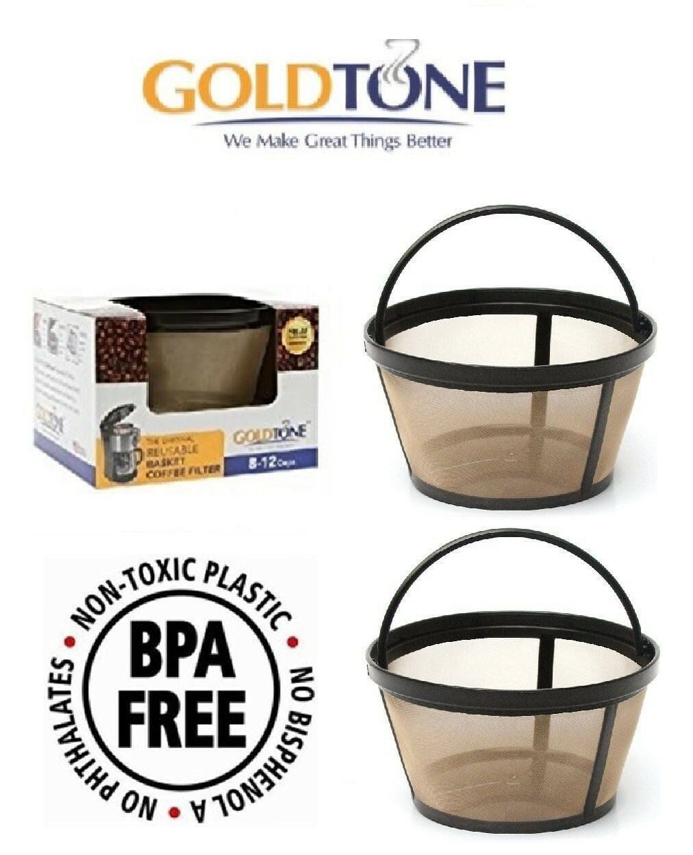 (2) GoldTone Reusable 8-12 Cup Coffee Basket for All Mr. Coffee Machines and Makers - Replacement Permanent Mr Coffee Filter - BPA Free - 2 Pack