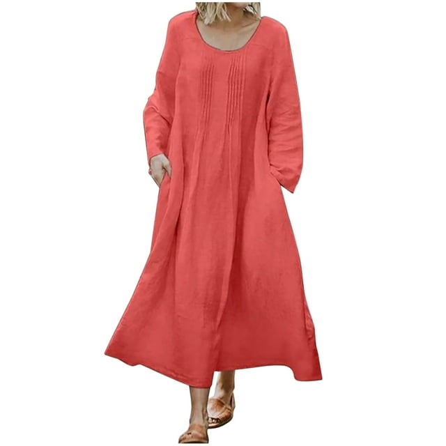 yoeyez Robes d'Été en Lin pour Femmes, Robe Unie à Col Rond avec Poches, Manches Longues, Décontractée, Grande Taille, Rouge Melon D\'eau, L