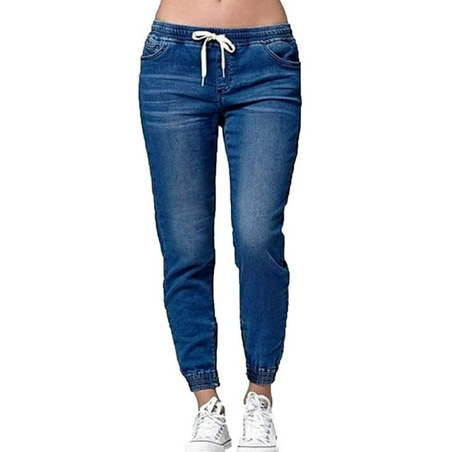 Womens Elastic Waist Pencil Stretch Denim Skinny Drawstring Jeans Pants Trousers