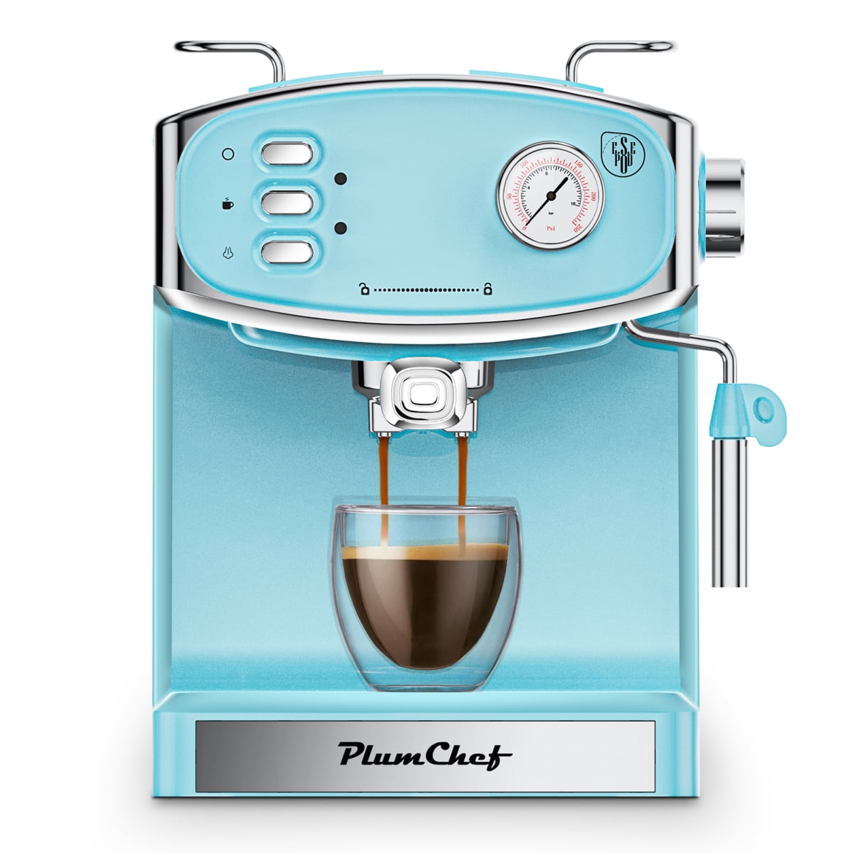 Plum Chef 20 Bar Compact Espresso Machine - Milk Frother Steam Wand Pressure Gauge & 54oz Water Tank (Low Noise)