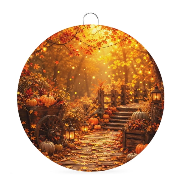 Welcome Sign for Front Door, Fall Pumpkins Round Metal Wall Art Wreaths, Farmhouse Country Maple Leaves Orange Outdoor Indoor Wall Hanging Sign for Porch Decor Housewarming Gifts 7.9 Inch