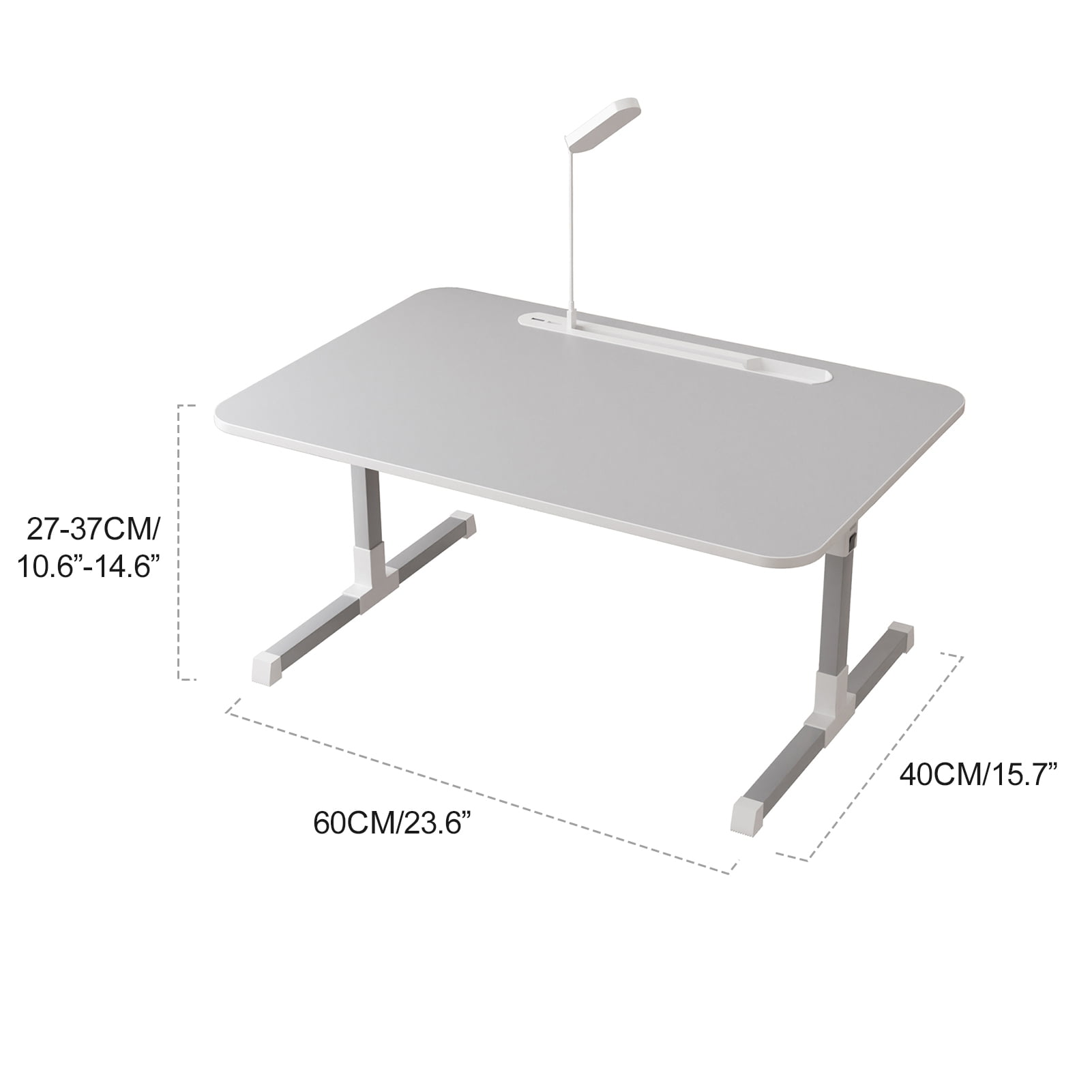 5-Height Adjustable Bed Table with LED Light & Fan, Foldable Laptop Desk 23.6x15.7 Inch, Multi-Function Bed Tray with Storage Drawer