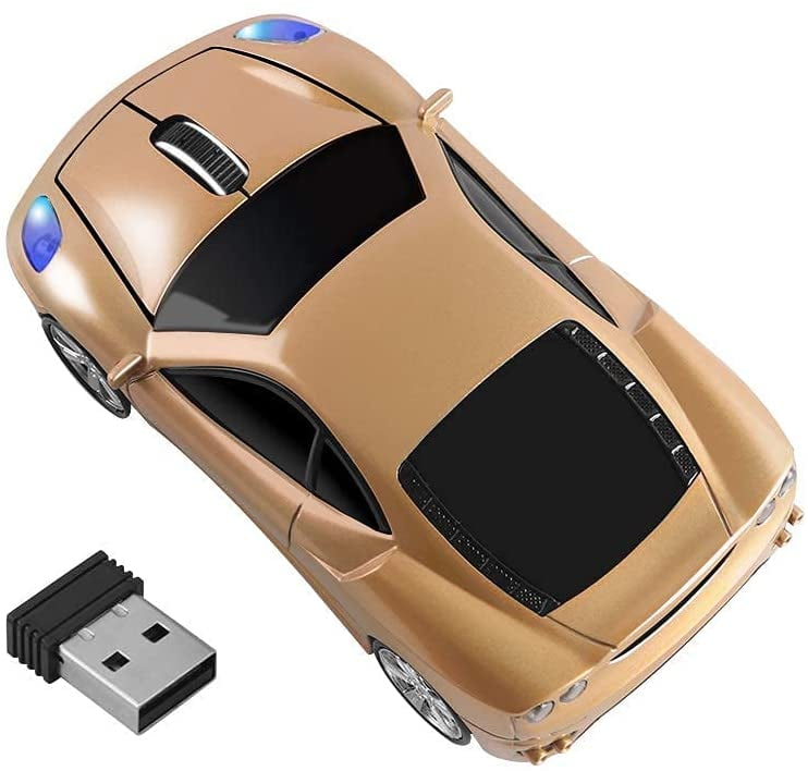 Cool 3D Sport Car Shaped Wireless Optical Mouse 2.4GHz 1600 DPI Mini Portable Novelty Cordless Mice for PC Laptop Computer Desktop Mac Car Wireless Mouse Gold