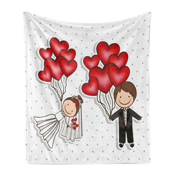 Wedding Soft Flannel Fleece Throw Blanket, Funny Cartoon Style Newlyweds with Heart Shaped Balloons Dots Happiness, Cozy Plush for Indoor and Outdoor Use, 50" x 70", Red White Black, by Ambesonne