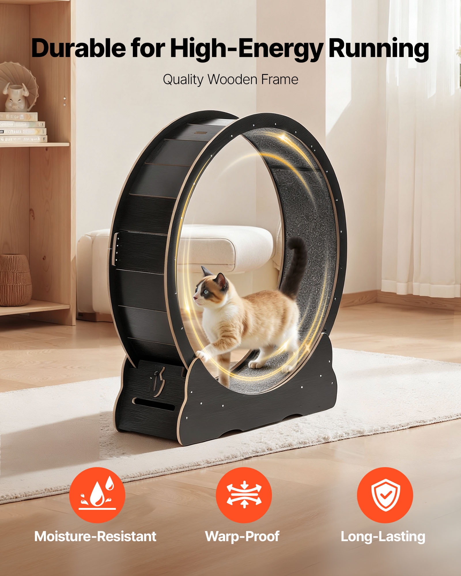 VEVOR Cat Exercise Wheel, 48 in Wooden Cat Running Wheel for Indoor Cats up to 28 lbs, Cats Treadmill with Carpeted Runway & Locking Mechanism, Quiet Kitten Sport Toys for Pets Fitness & Health