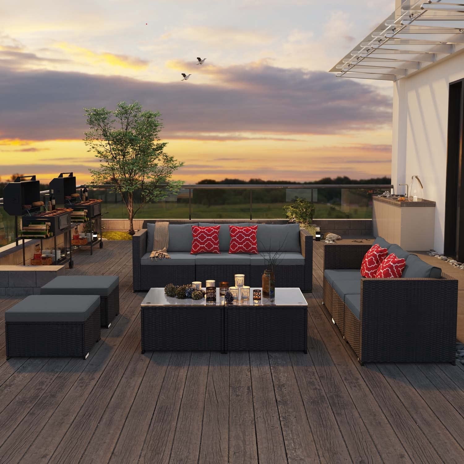 Patio Furniture Set, Lofka 7-Piece Outdoor Sectional Sofa with Tempered Glass Table for Backyard & Porch, Wicker | Metal | Gray