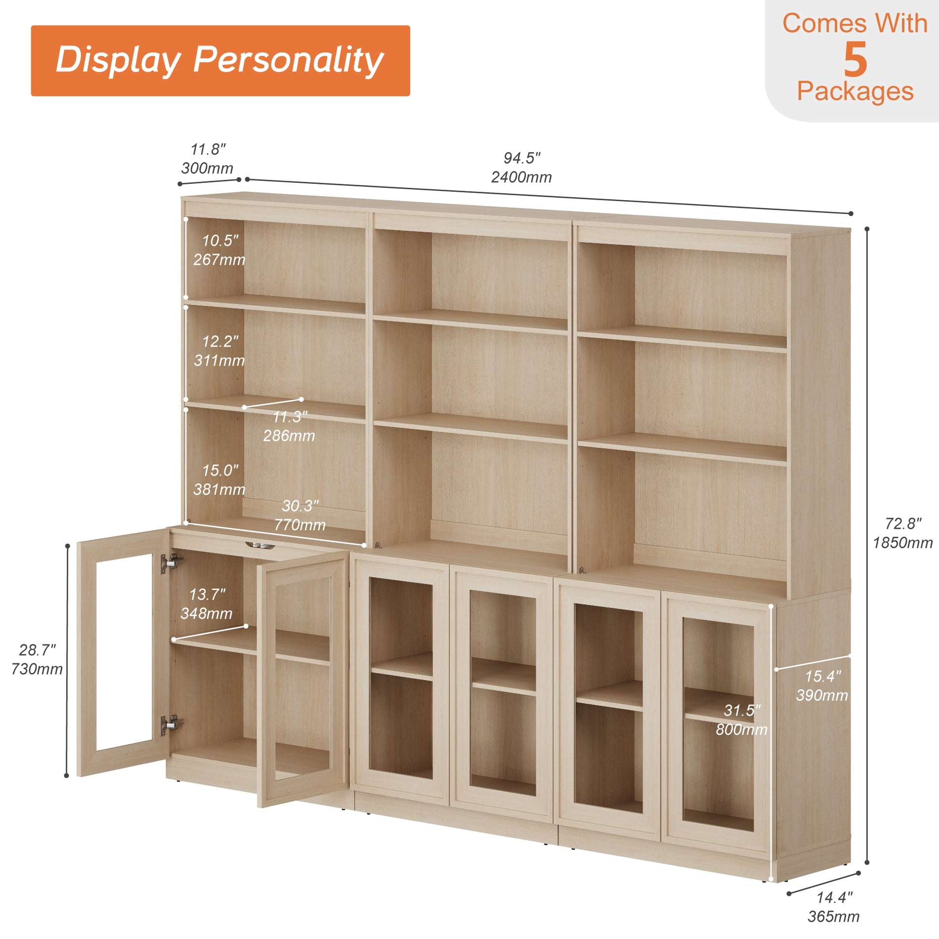 Modern 72" Tall Bookshelf with Glass Doors and Adjustable Shelves, Library Bookcase with Storage Cabinet and Open Shelves,Beige