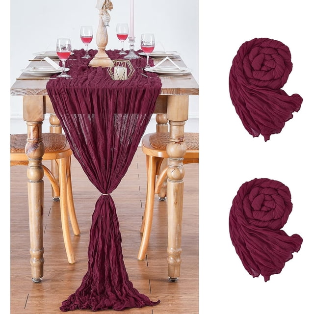 Burgundy Chrismas Table Runner 2 Packs 36x120 Inches Rustic Boho Cheese Cloth Table Runners for Holiday Dining Home Party Table Decor
