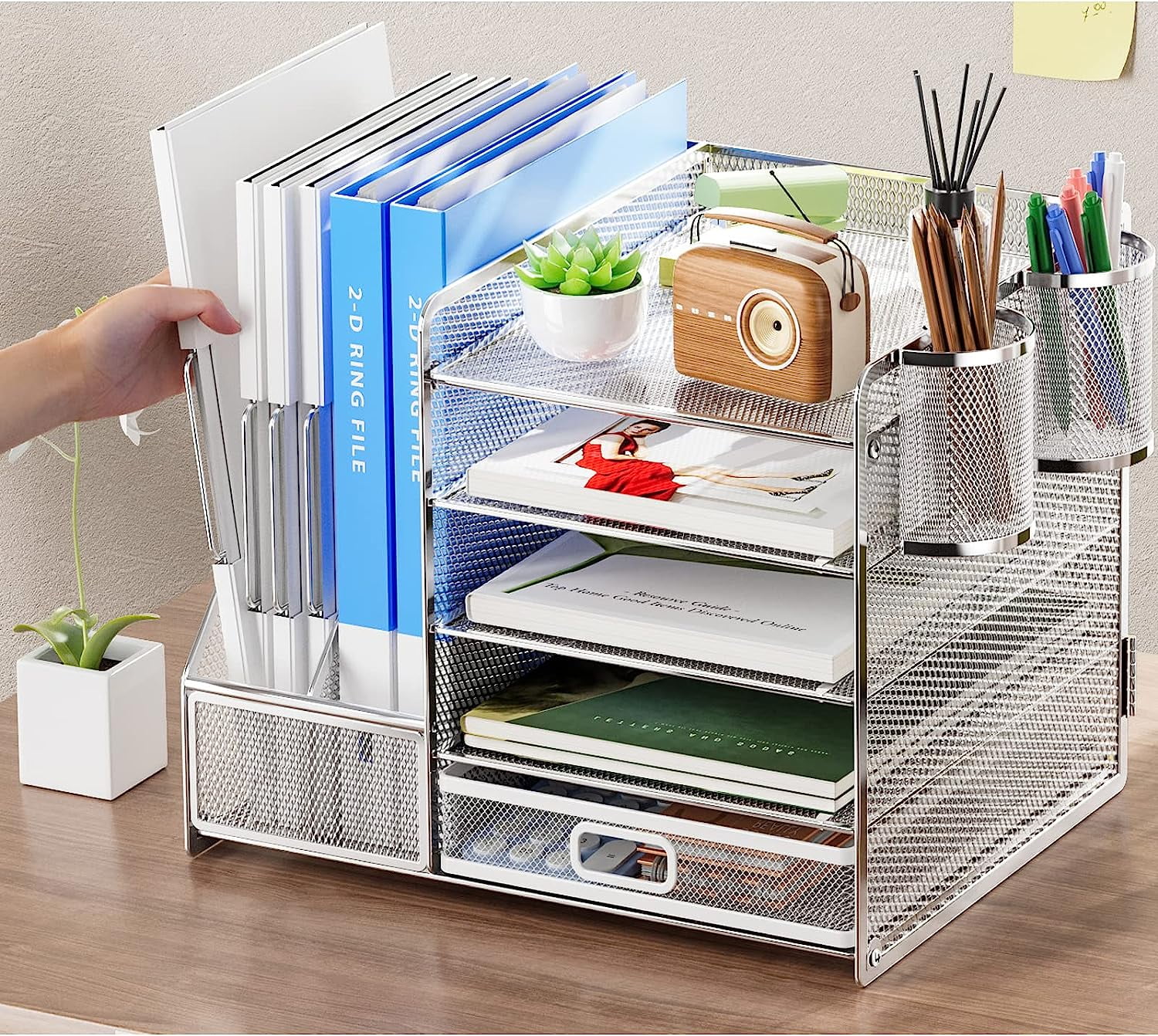 Marbrasse 5-Tier Desk Organizer with File Holder, Drawer, and Pen Holders - Mesh Desktop Storage for Office Supplies and Magazines (Silver)