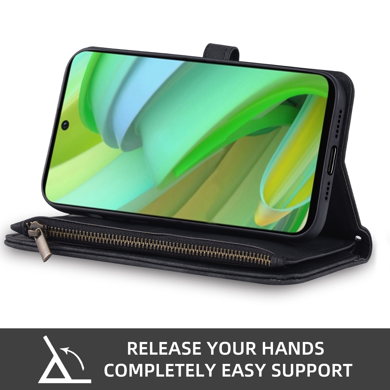 Asuwish Phone Case for Motorola Moto G Power 5G 2023 Wallet Cover With Tempered Glass Screen Protector Crossbody Wrist Strap Flip Pattern Zipper Credit Card Holder Stand Cell GPower G5 Women Black