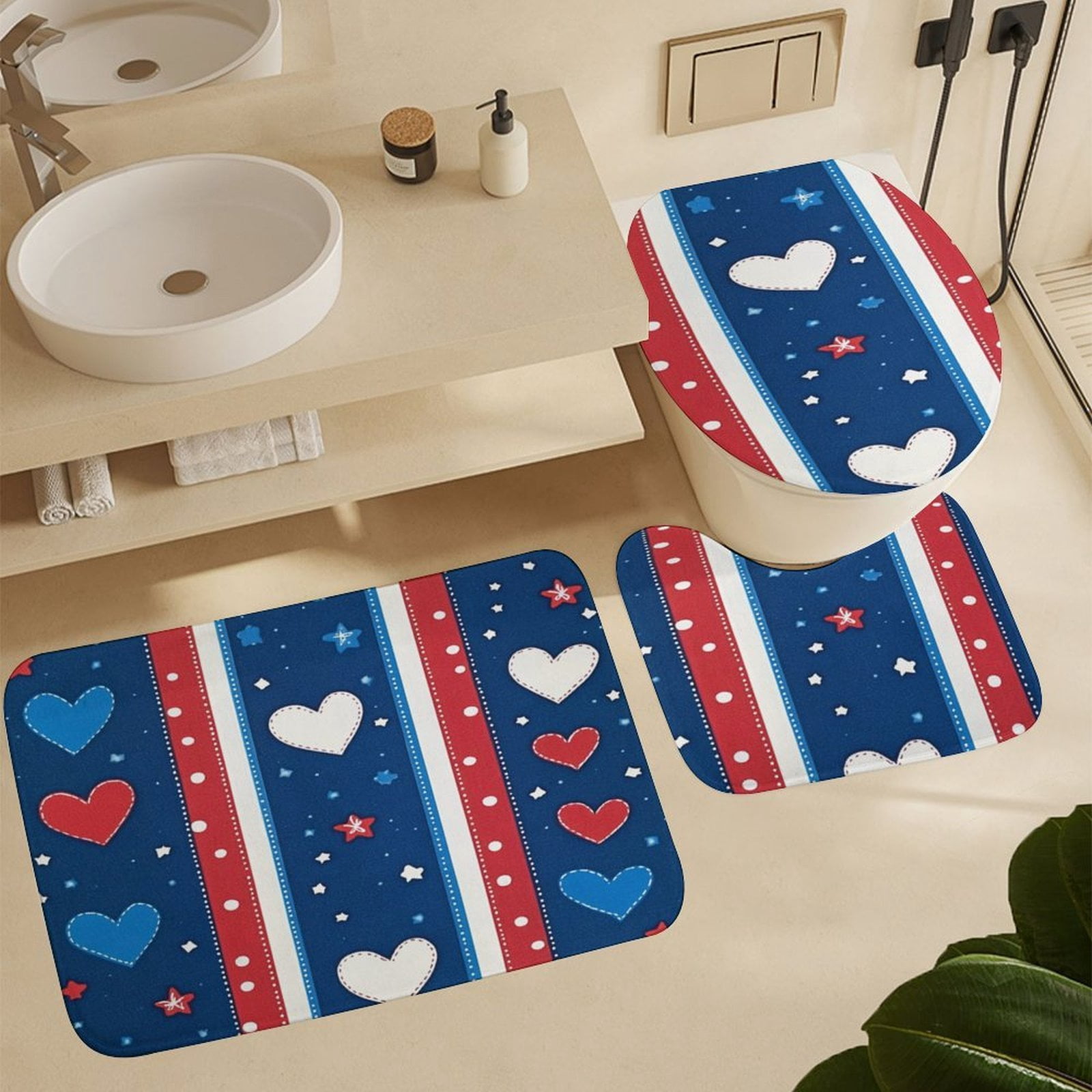USA Hearts & Stars Shower Curtain Sets 4 Piece Bathroom Shower Curtain Set with Rugs Memorial Day Patriotic Waterproof Fabric Bath Curtain for Bathroom Decor Set