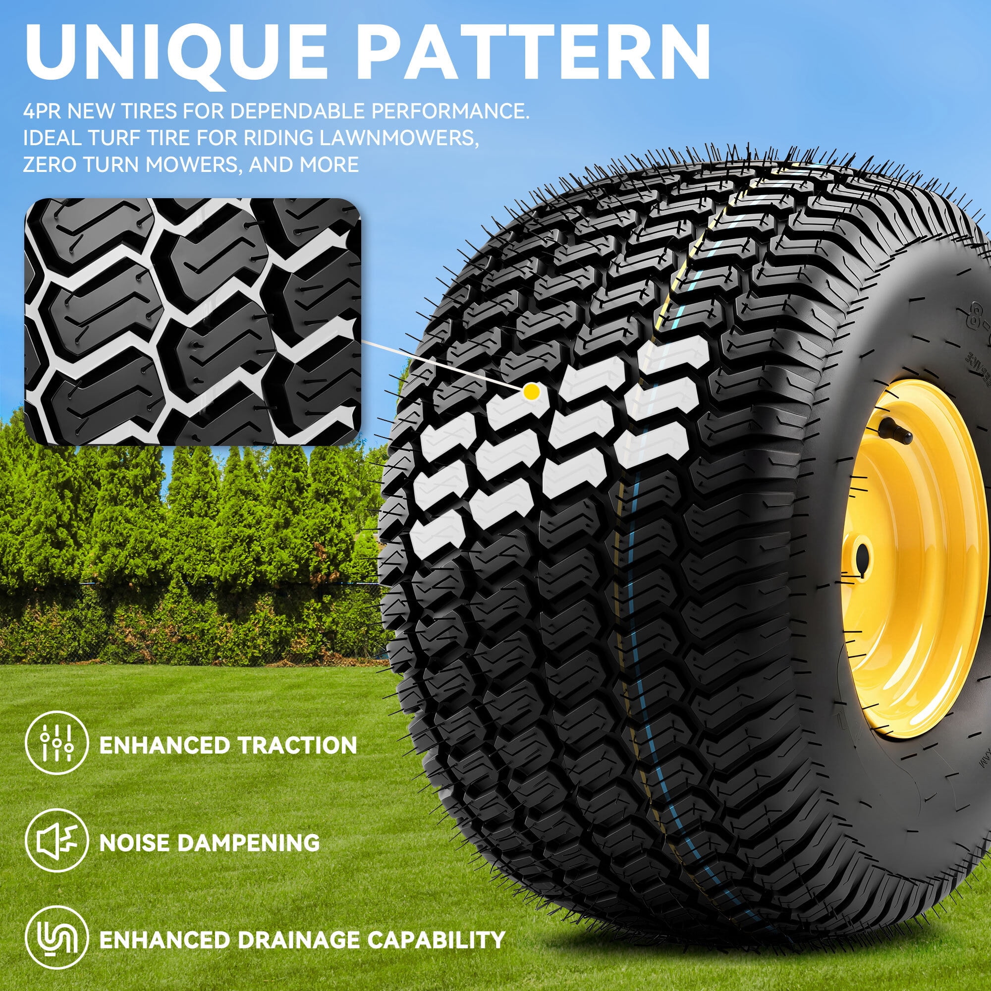Uforic 20x10.00-8 Lawn Mower Tire & Wheel Assembly, 4 Ply Tubeless Front Replacement Tires, 3/4" Bore, 3/16" Keyway, 1200 LBS Load Capacity for Riding Lawn Tractors & Garden Vehicles, Set of 2