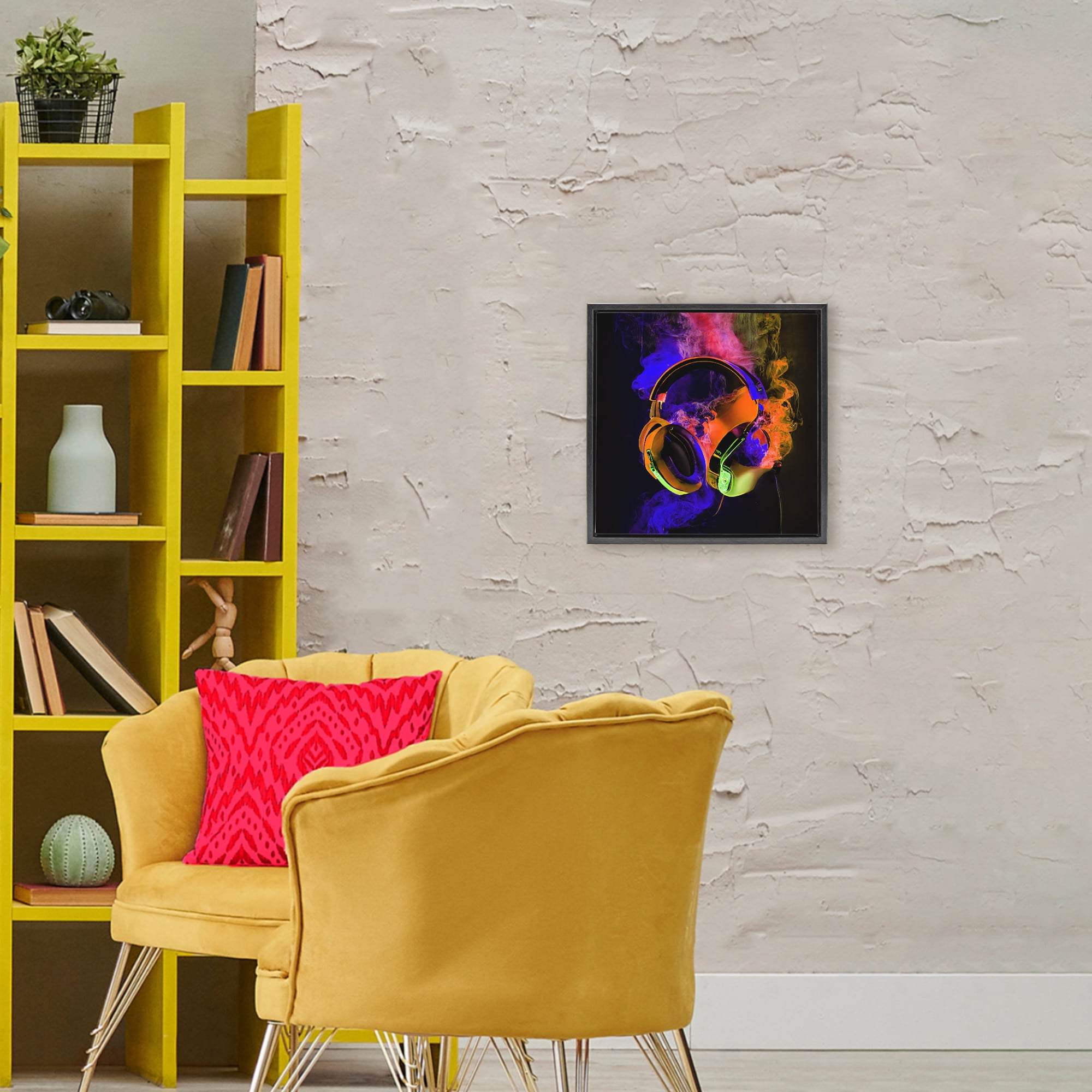 Power Play Headphones Black Framed Floater Canvas Wall Art, design by Sasha