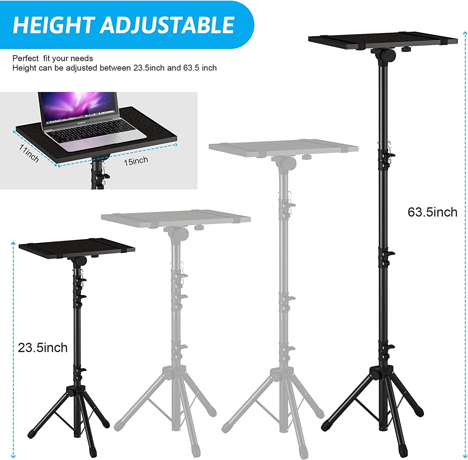Adjustable Floor Stand Tripod with Gooseneck Phone Holder for Laptop, Projector, DJ Racks in Office, Home, Stage, Studio (Height 23.5" to 46.5")