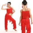 thumbnail image 4 of Girls 2 Piece Outfit Summer Suits 2 Piece Latin Ballroom Dance Tassel Solid Color Crop Elastic Pants Dancewear Child Clothes Girls Outfits 6-7 T, 4 of 7