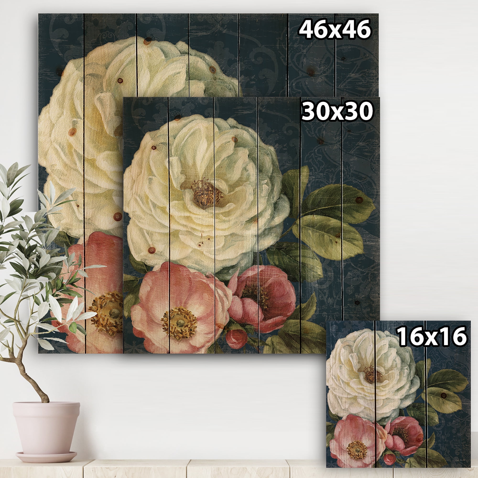 Designart 'White and Pink Damask Rose Flowers' Farmhouse Print on Natural Pine Wood