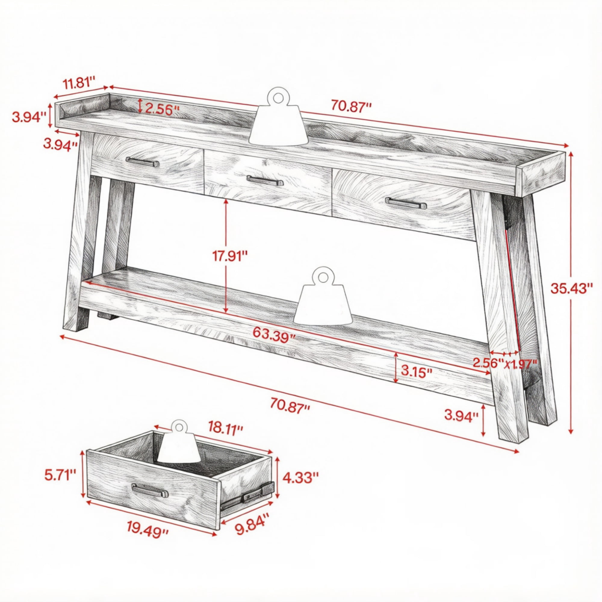 Long Console Table, 75.79 in, 3 Drawers, Raised Edge, Farmhouse Style