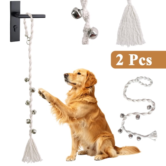 cyrico Dog Bells to Go Outside, 6 Bells Dog Door Bell for Potty Training, Adjustable Cotton Handwoven Doorbell, Twisted Style Hanging Housetraining Dog Bell for Small Medium Large Dogs, Beige