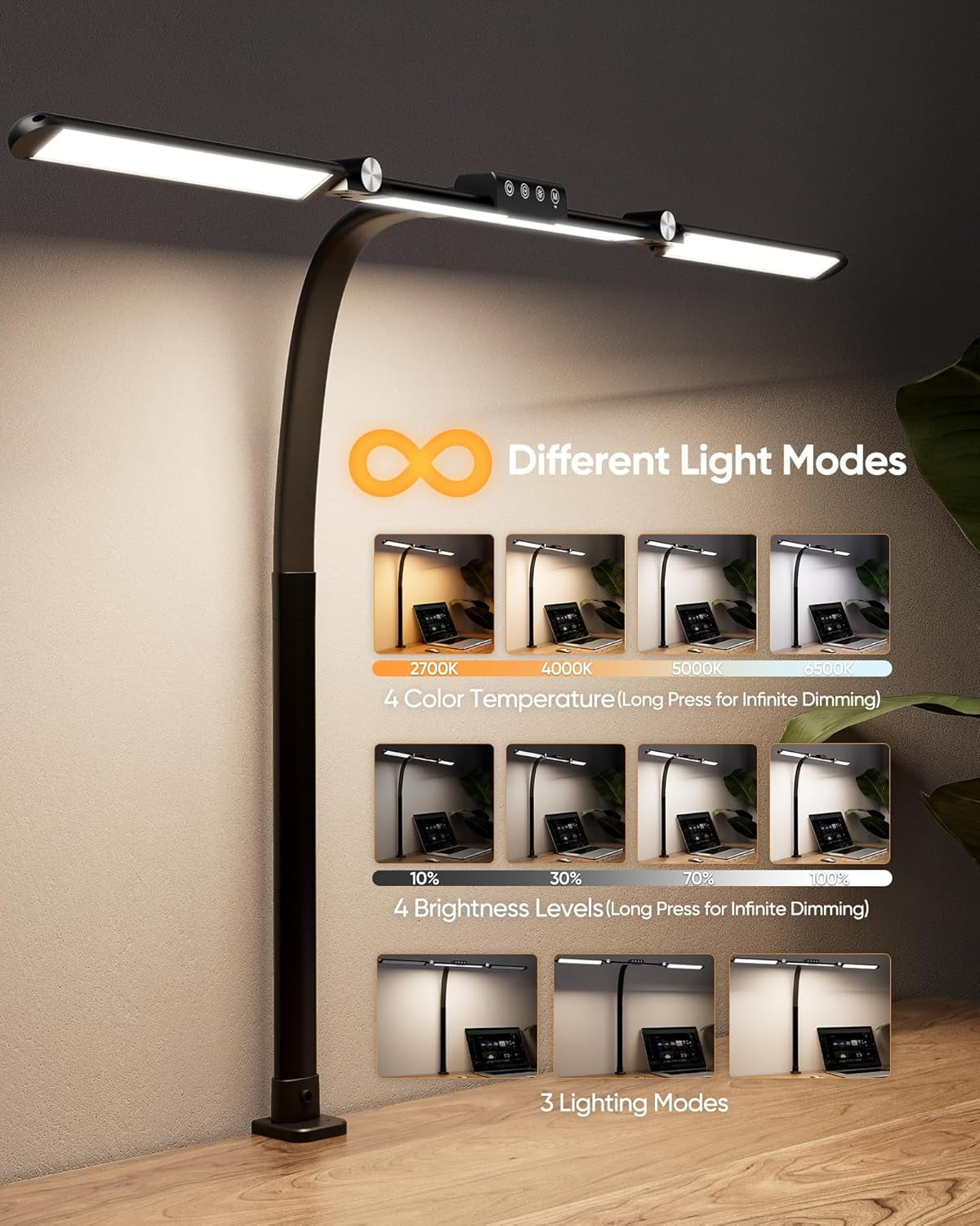 39.3in Large Eye-Caring Led Desk Lamp with Clamp, Desk Lamps for Home Office, 24W Bright Desk Light Stepless Dimming Flexible Hose Architect Office Desk Lamp for Study Work