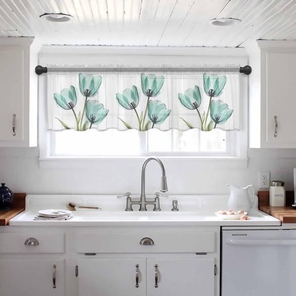 Turquoise Aqua Tulips Valance Curtains for Kitchen/Living Room/Bathroom/Bedroom Window, Spring Floral Botanical Plant Rod Pocket Small Topper Half Short Window Curtains Voile Sheer Scarf 42"x18"