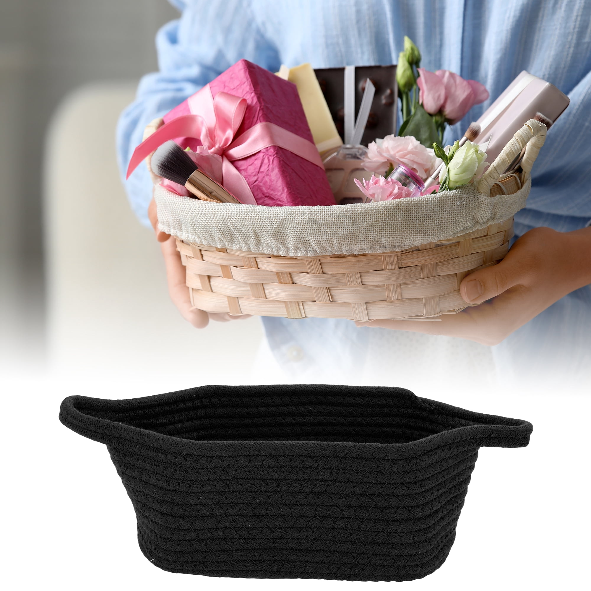 Unique Bargains Woven Empty Gift Decorative Basket with Gift Bag and Ribbon Black