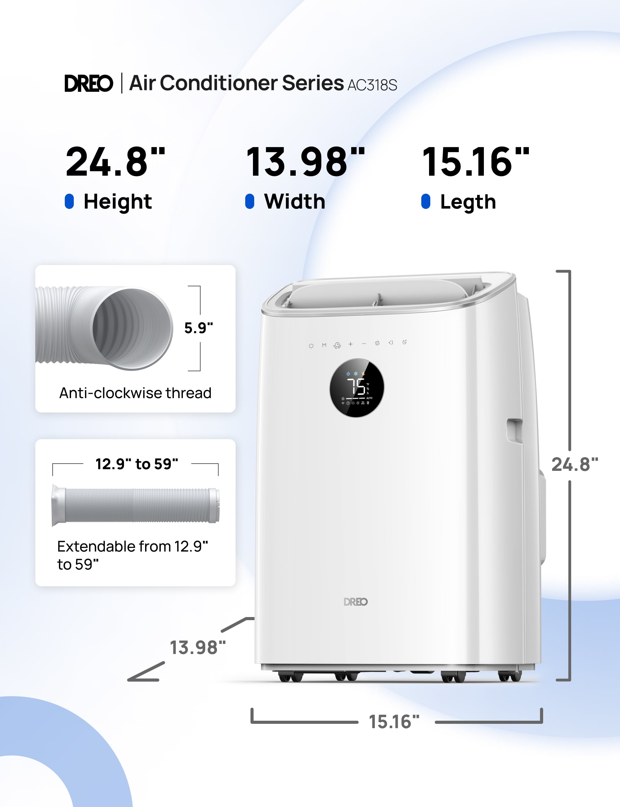 DREO Portable Air Conditioner 319S, 10000 BTU ASHRAE (6000 BTU DOE) Smart AC Unit for Bedroom with Drainage-free Cooling, Fan&Dehumidifier 3 in 1, APP/Voice/Remote, Quiet Standing AC for Room Indoors