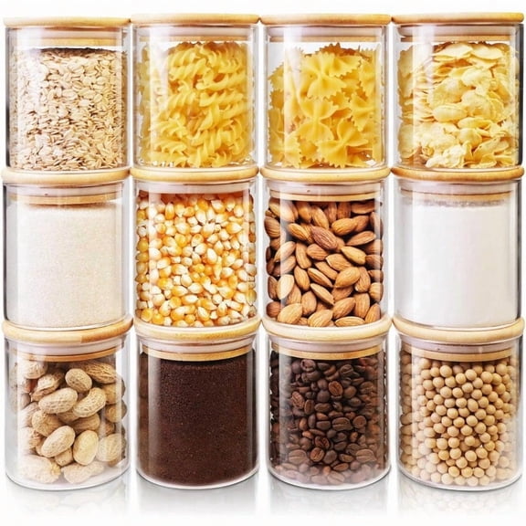 Glass Jars with Bamboo Lids 17 FL OZ [Set of 12] Glass Canisters with Airtight Lids Glass Food Storage Containers for Spice Coffee Sugar Tea Candies Cookies Best for Kitchen Pantry