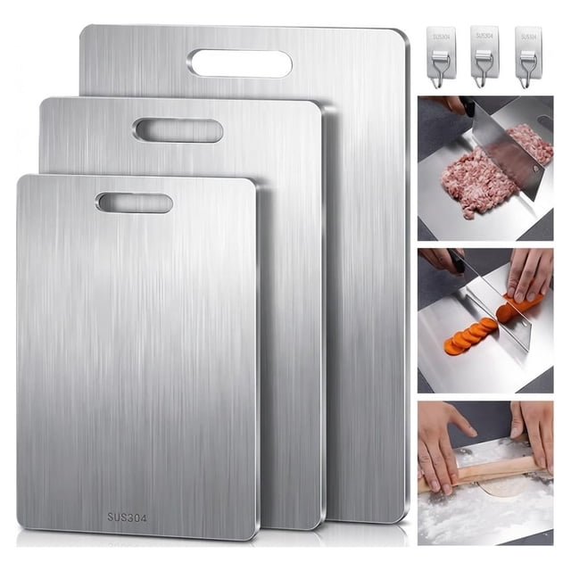 Tabla para Picar Acero Inoxidable - 3pcs Tablas para Picar Cocina de Antiadherente y Antibacteriana con 3 Ganchos para Hogar