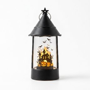 Decorative Halloween Cylindrical Lantern with Flickering Warm LED Candle, Battery Operated Black Gothic Wind Lamp with Top Hanging Ring for Tabletop and Porch Decor